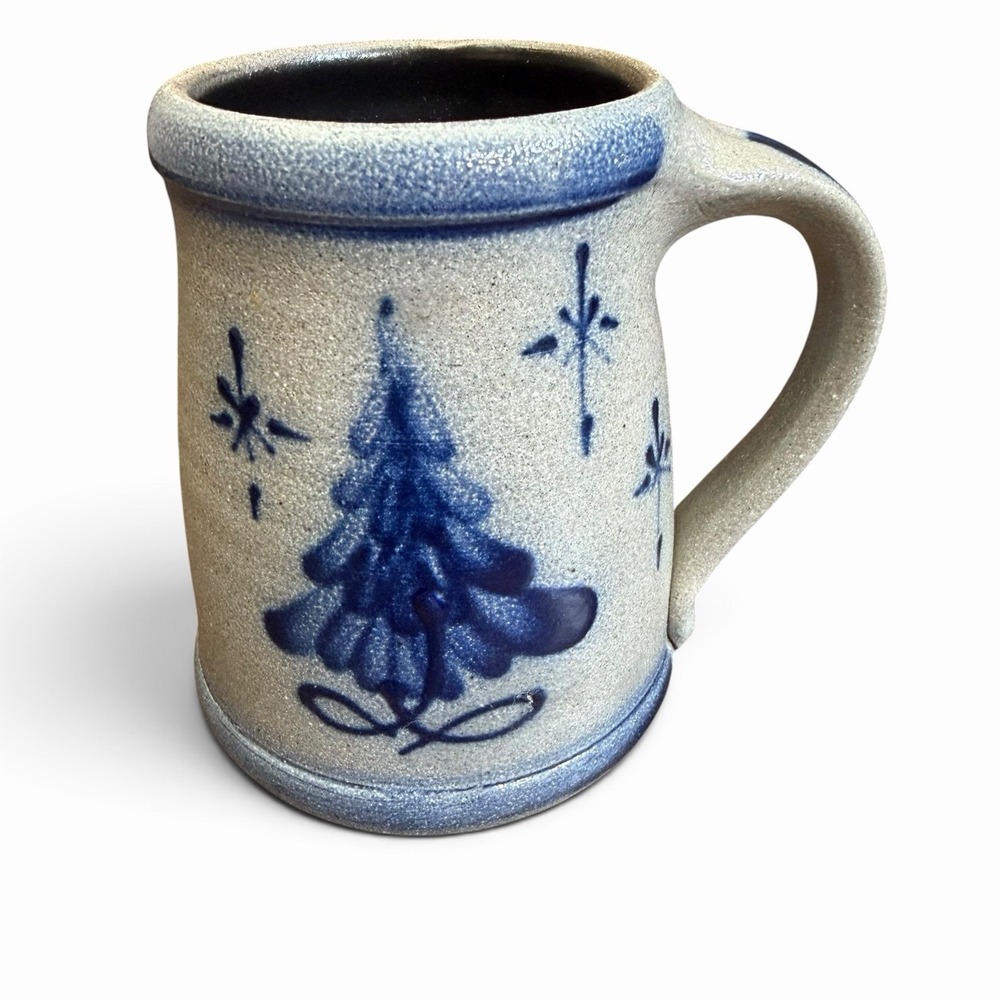 Rowe Pottery 1996 Stoneware Mug Blue Christmas Tree Salt Glaze Cambridge WI Key